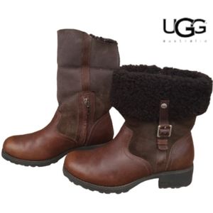 UGG Bellevue Sheepskin Leather Moto Boot Brown Winter Australia Shoe Biker Lug 8